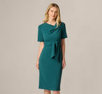 Short Sleeve Asymmetrical Tie Front Stretch Sheath Dress In Hunter 2