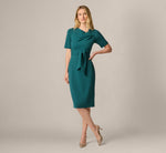 Short Sleeve Asymmetrical Tie Front Stretch Sheath Dress In Hunter 1