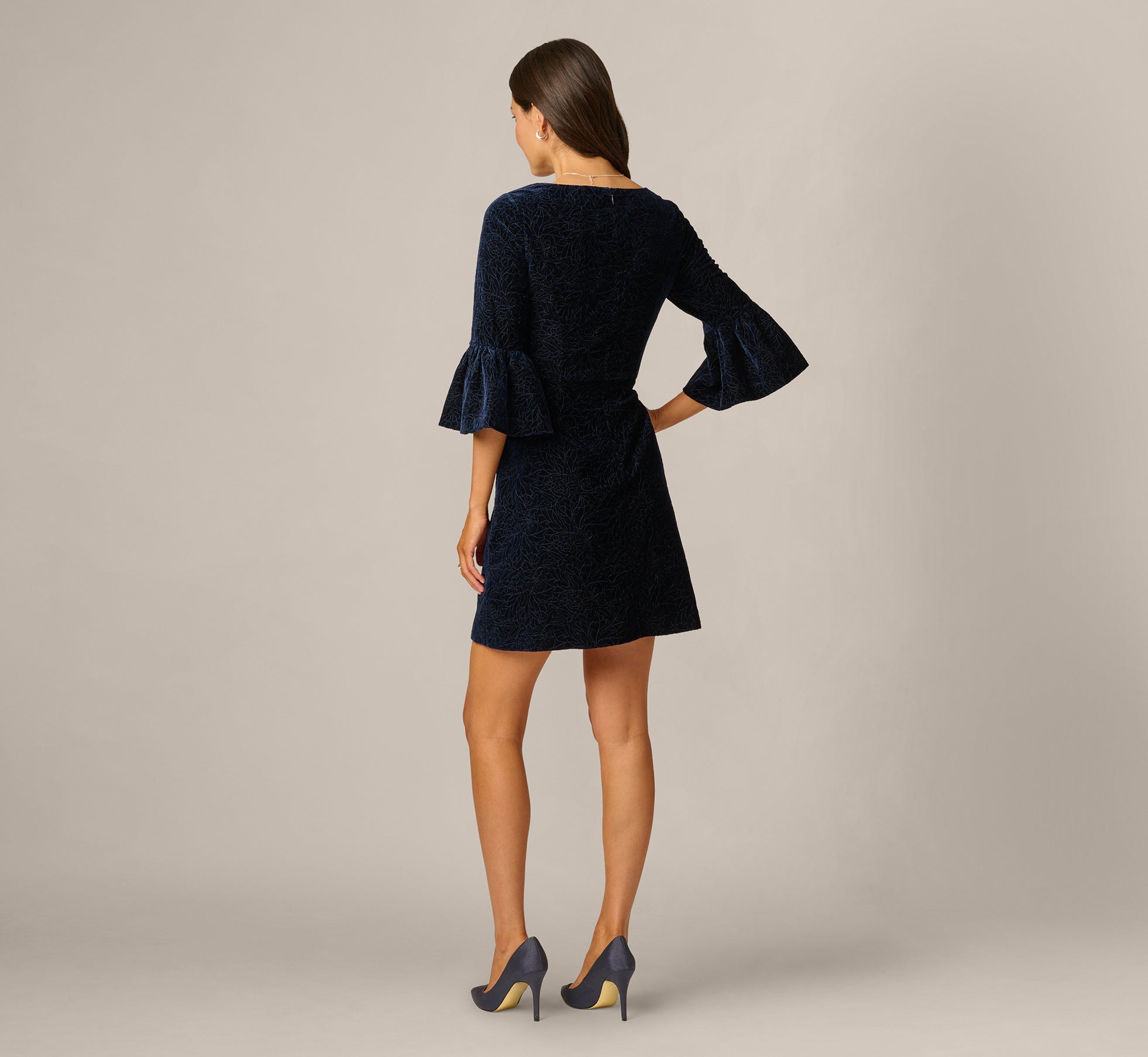 Navy Bell Sleeve Floral Stretch Burnout Velvet Short Dress