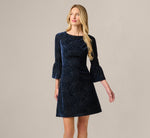 Bell Sleeve Floral Stretch Burnout Velvet Short Dress In Navy 2