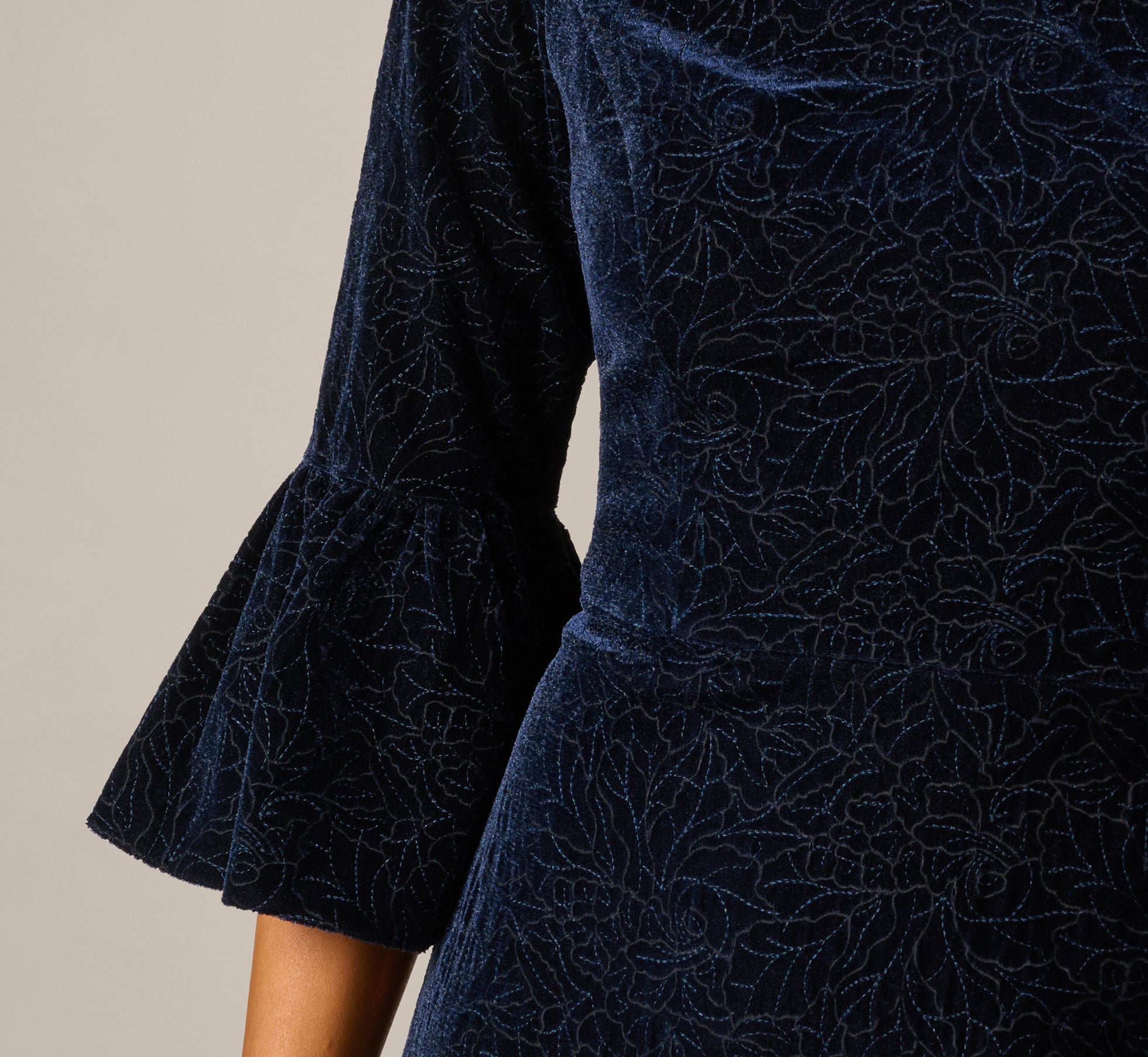 Navy Bell Sleeve Floral Stretch Burnout Velvet Short Dress