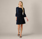 Bell Sleeve Floral Stretch Burnout Velvet Short Dress In Navy 6