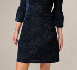 Bell Sleeve Floral Stretch Burnout Velvet Short Dress In Navy 4
