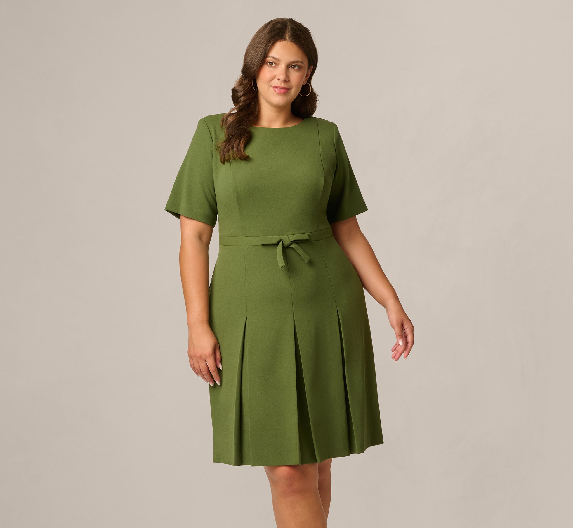 Plus Size Knit Crepe Bow Front Dress In Olive Cypress, Olive Cypress / Plus Size / 26