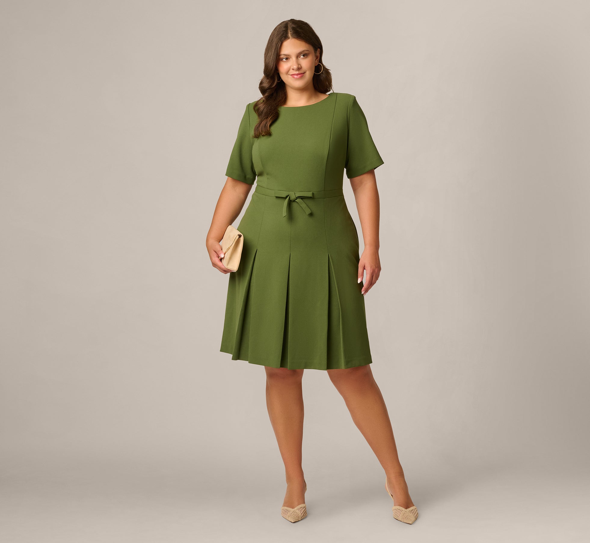 Plus Size Knit Crepe Bow Front Dress In Olive Cypress 1