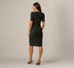 Short Sleeve Stretch Shimmer Knit Bow Waist Sheath Dress In Black 5