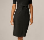 Short Sleeve Stretch Shimmer Knit Bow Waist Sheath Dress In Black 4