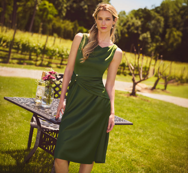 vintage inspired satin midi dress with draped collar Cowl Neck In Olive Cypress, Olive Cypress / Regular / 6 Dry clean only Back Size:W42/32