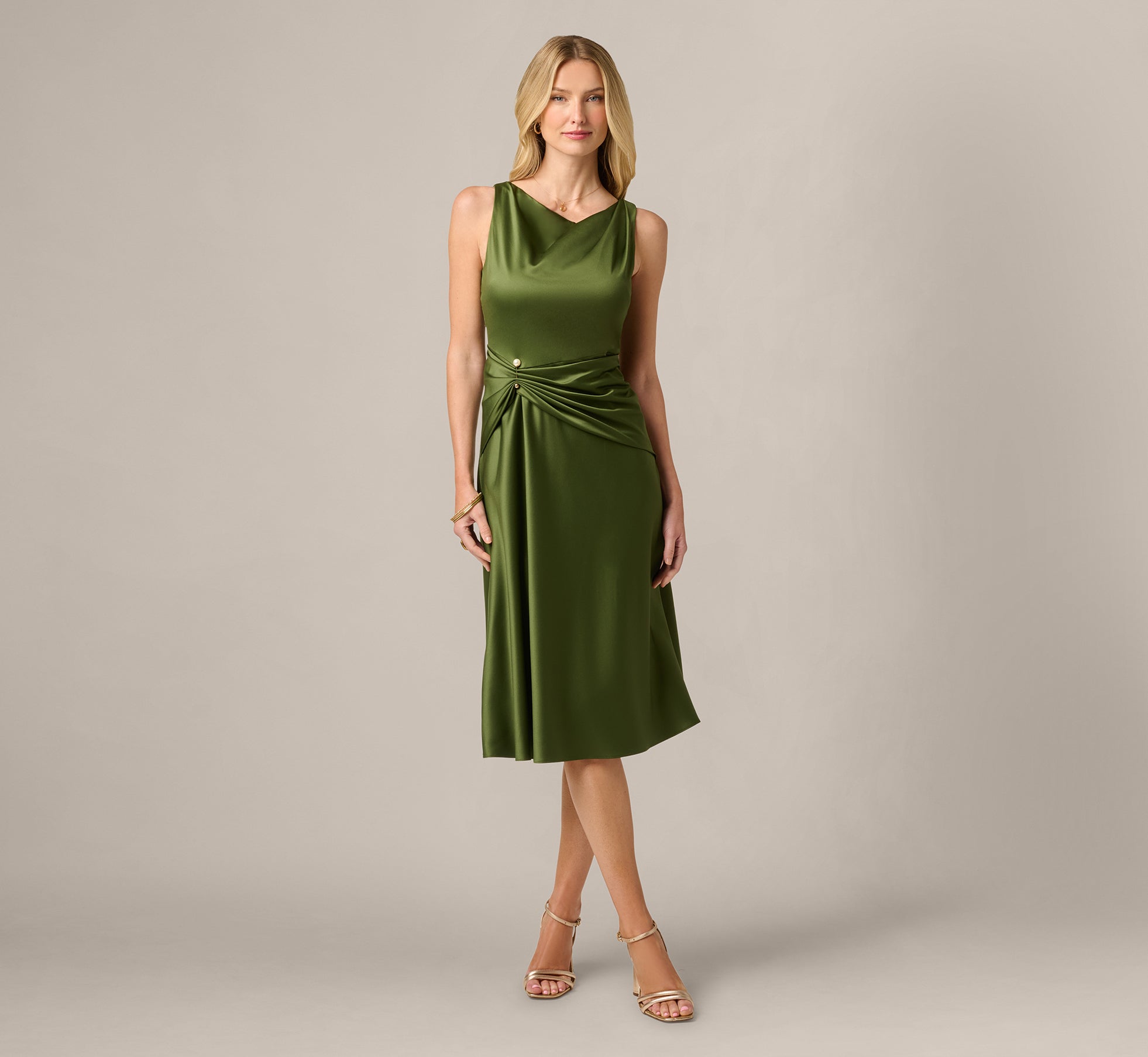 Green Satin Cowl Neck Draped Midi Dress - Adrianna Papell