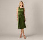 Satin Cowl Neck Draped Midi Dress In Olive Cypress 2