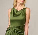 Satin Cowl Neck Draped Midi Dress In Olive Cypress 3