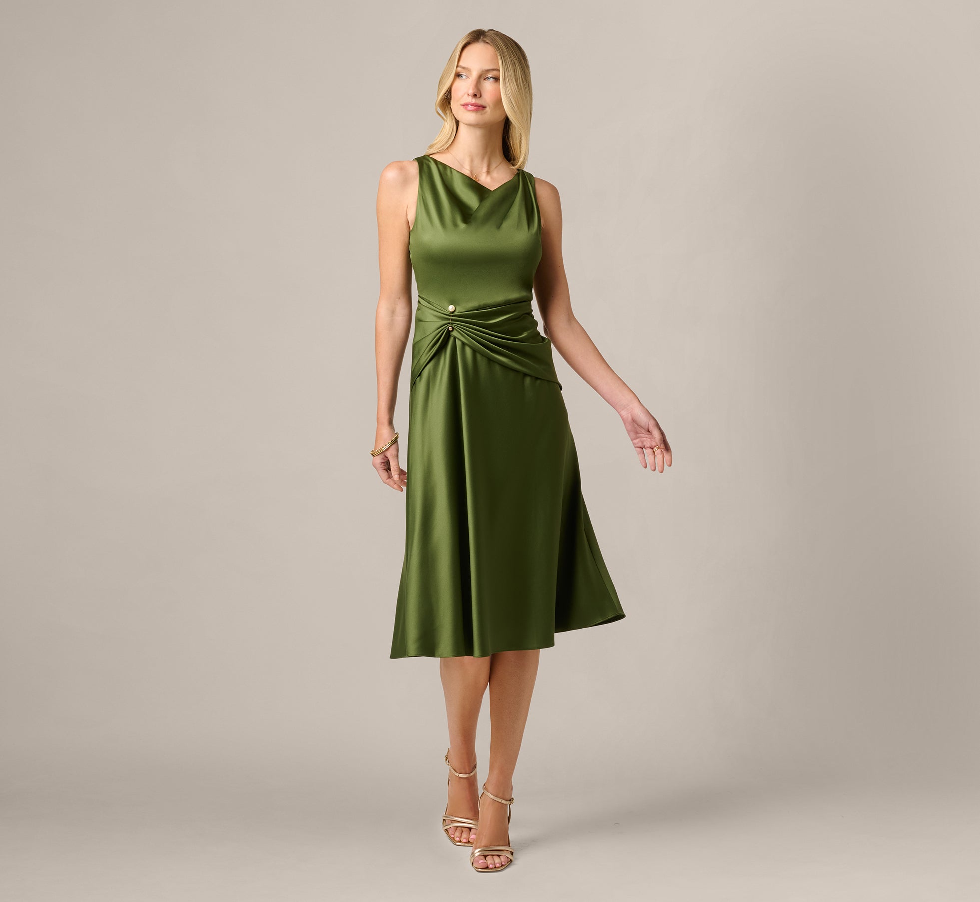 Satin Cowl Neck Draped Midi Dress In Olive Cypress 1
