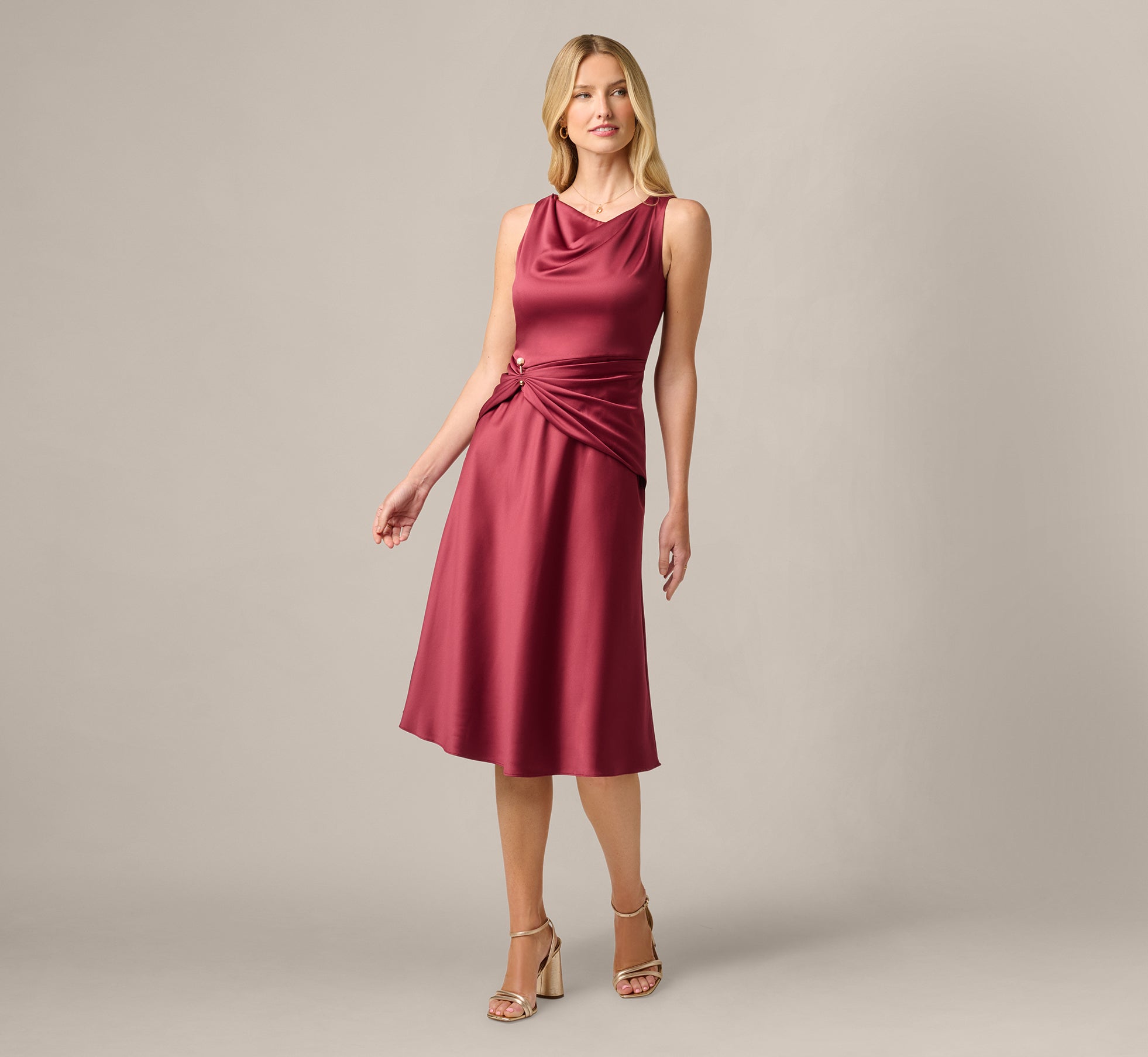 Satin Cowl Neck Draped Midi Dress In Crimson Haze 1