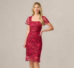 Short Sleeve Rose Floral Embroidered Sheath Dress In Burgundy Pink 2