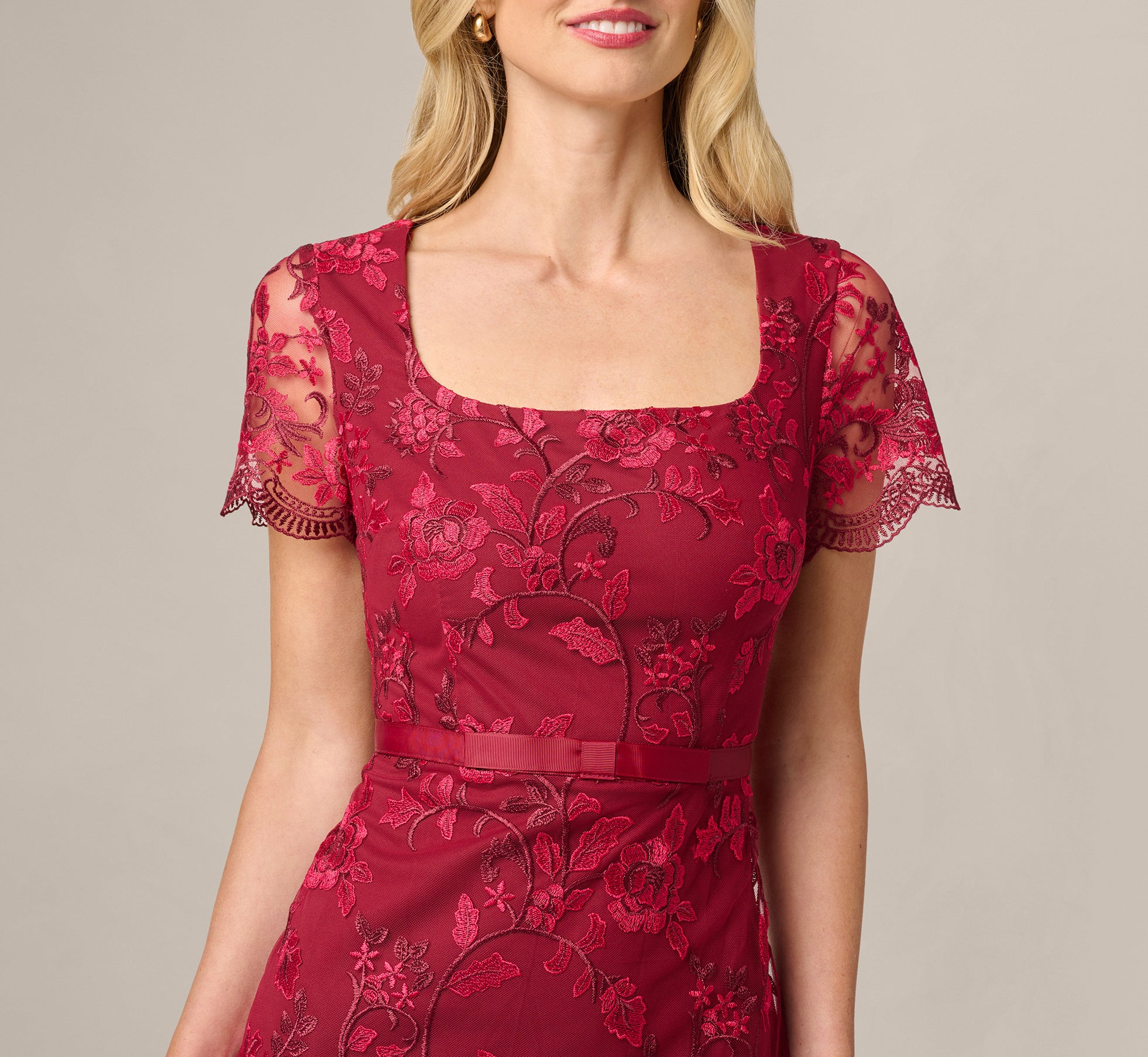 Burgundy Short Sleeve Rose Floral Embroidered Sheath Dress