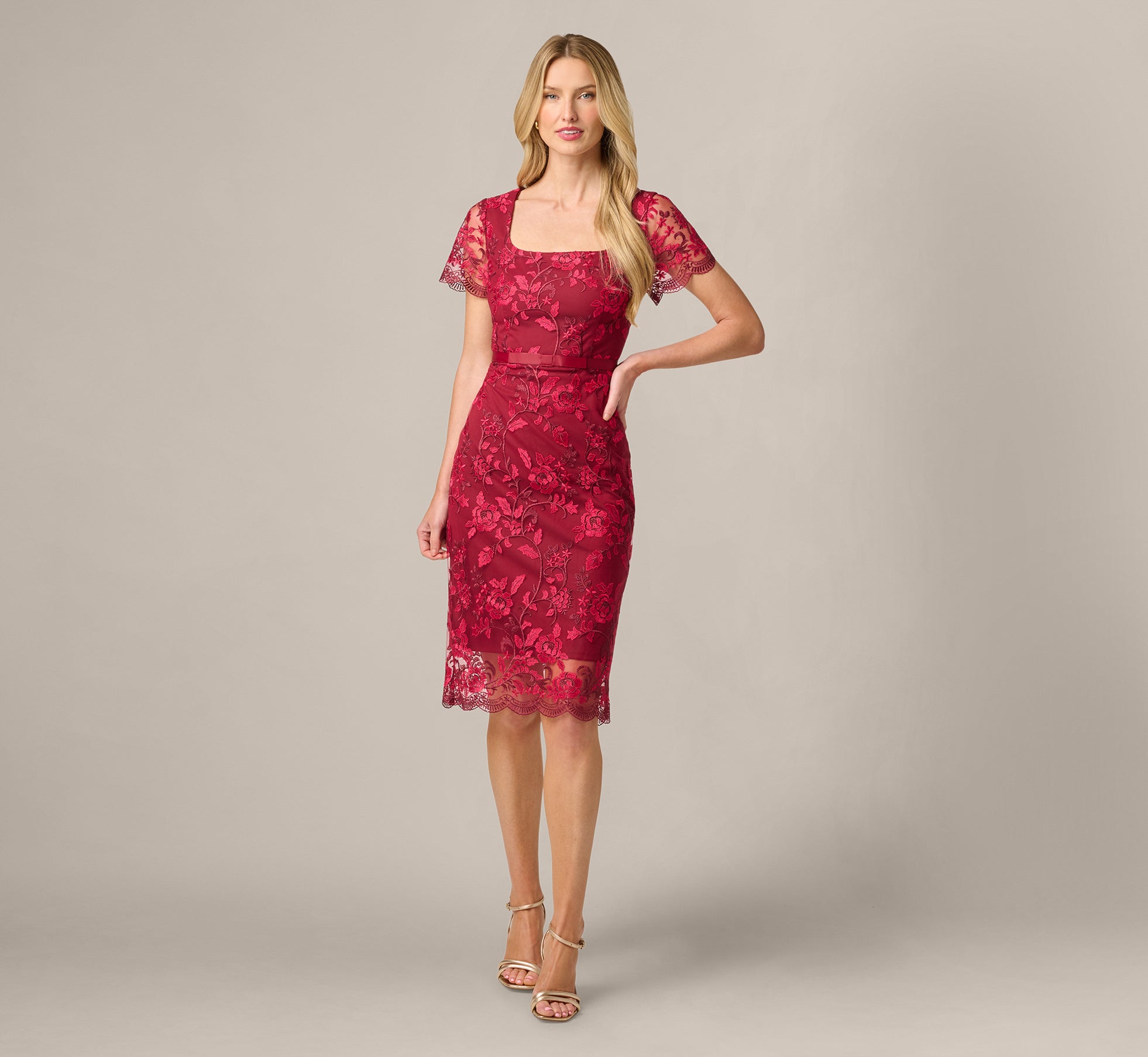 Short Sleeve Rose Floral Embroidered Sheath Dress In Burgundy Pink, Burgundy/Pink / Regular / 6