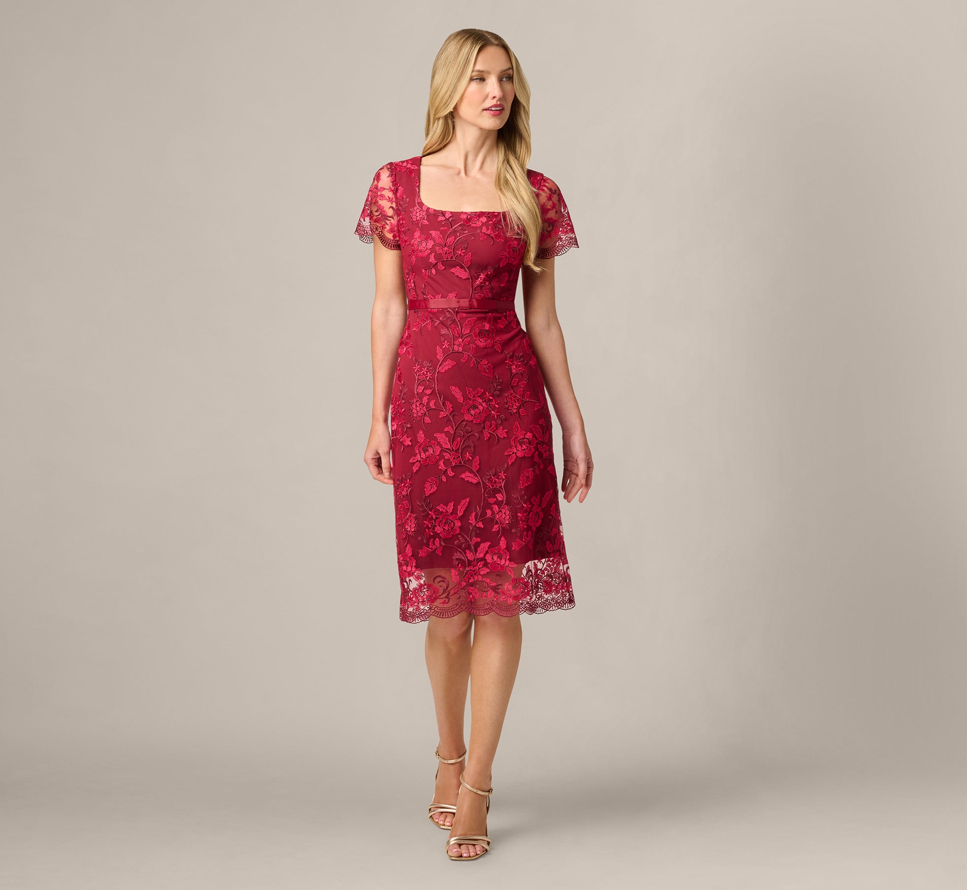 Short Sleeve Rose Floral Embroidered Sheath Dress In Burgundy Pink 1