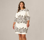 Plus Size Three Quarter Sleeve Baroque Lace Print Stretch Sheath Dress In Ivory Multi 2