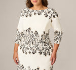 Plus Size Three Quarter Sleeve Baroque Lace Print Stretch Sheath Dress In Ivory Multi 3
