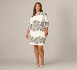 Plus Size Three Quarter Sleeve Baroque Lace Print Stretch Sheath Dress In Ivory Multi 6