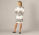 Three Quarter Sleeve Baroque Lace Print Stretch Sheath Dress In Ivory Multi 5