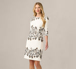 Three Quarter Sleeve Baroque Lace Print Stretch Sheath Dress In Ivory Multi 2