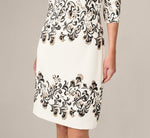 Three Quarter Sleeve Baroque Lace Print Stretch Sheath Dress In Ivory Multi 3
