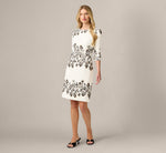 Three Quarter Sleeve Baroque Lace Print Stretch Sheath Dress In Ivory Multi 6