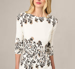 Three Quarter Sleeve Baroque Lace Print Stretch Sheath Dress In Ivory Multi 4