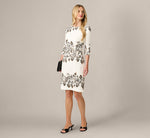 Three Quarter Sleeve Baroque Lace Print Stretch Sheath Dress In Ivory Multi 1