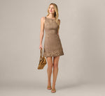 Metallic Plaid Floral Embroidered Short Dress In Brown Multi 1