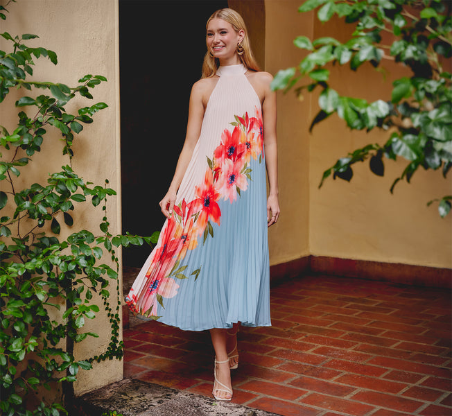 Pleated Chiffon Floral Color Block Midi Trapeze Dress In Blue