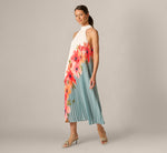 Pleated Chiffon Floral Color Block Midi Trapeze Dress In Blue Multi 3