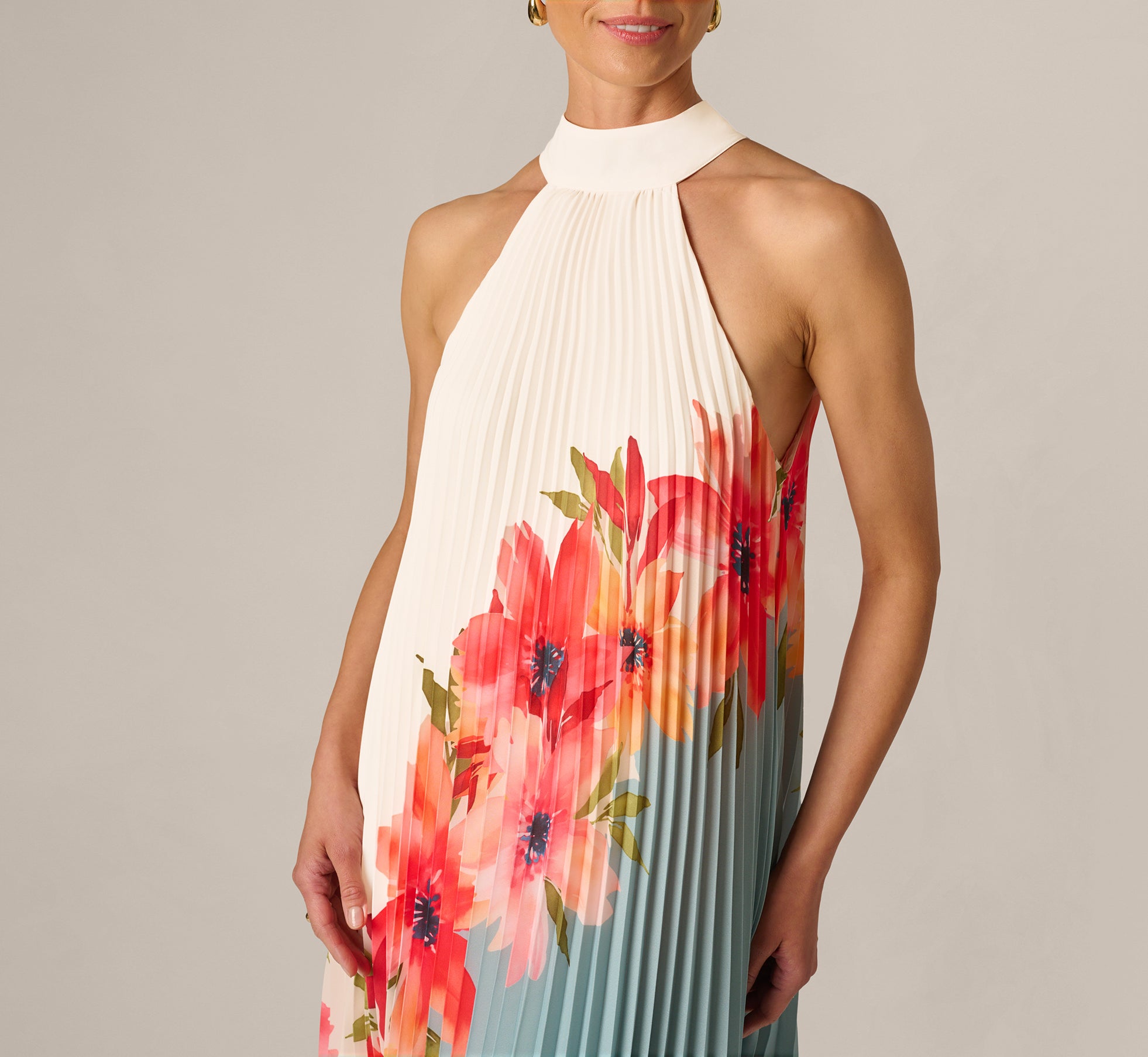 Blue Multi Pleated Chiffon Floral Color Block Midi Trapeze Dress