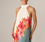 Pleated Chiffon Floral Color Block Midi Trapeze Dress In Blue Multi 4