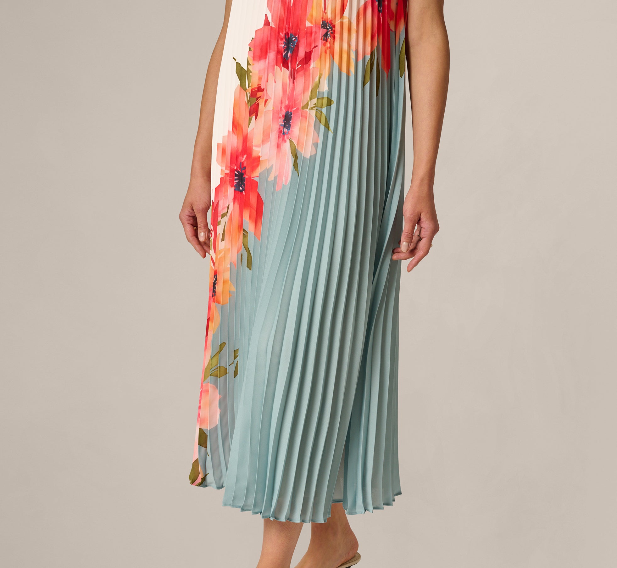 Blue Multi Pleated Chiffon Floral Color Block Midi Trapeze Dress