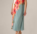 Pleated Chiffon Floral Color Block Midi Trapeze Dress In Blue Multi 5