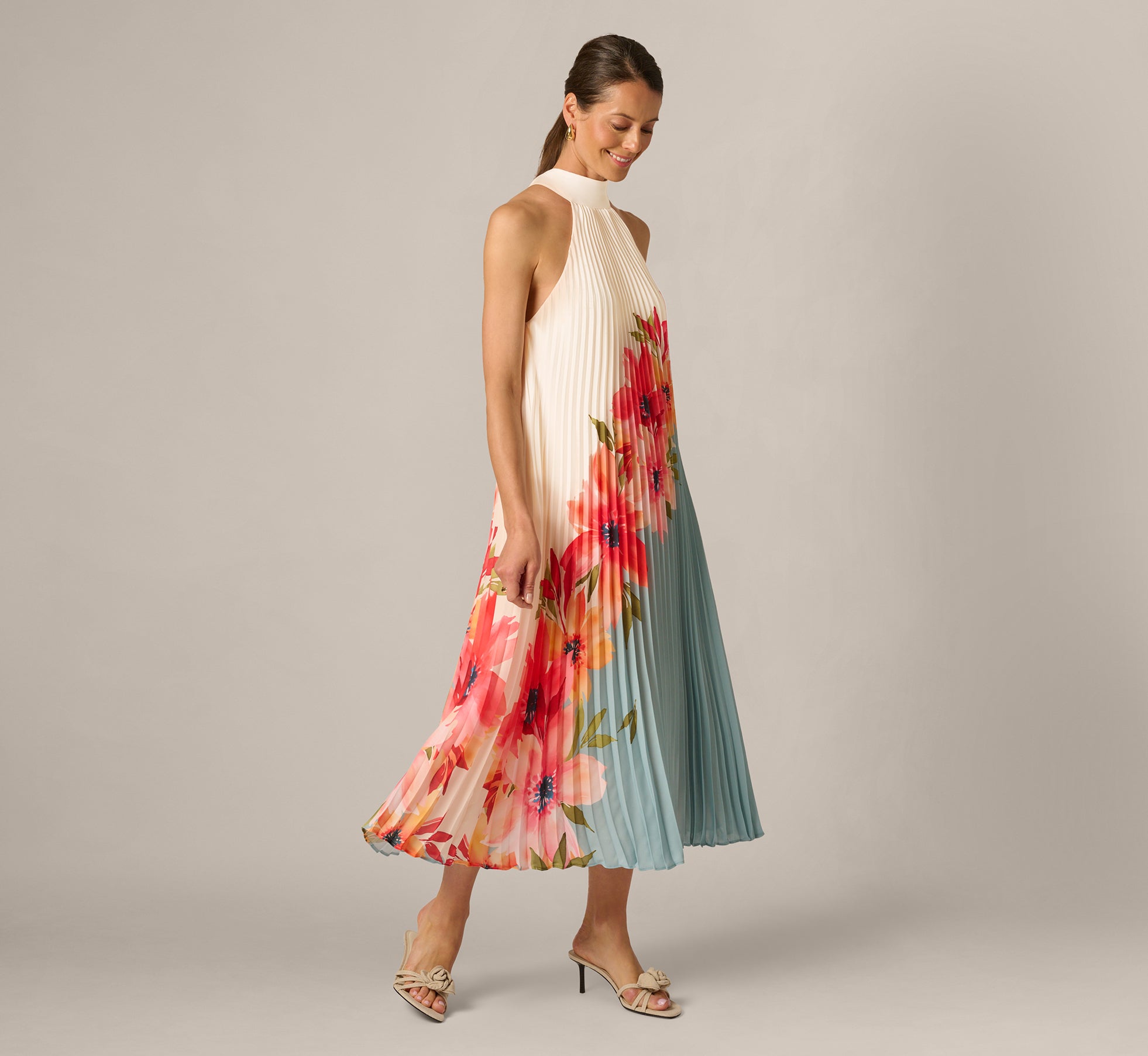 Blue Multi Pleated Chiffon Floral Color Block Midi Trapeze Dress