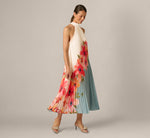 Pleated Chiffon Floral Color Block Midi Trapeze Dress In Blue Multi 2
