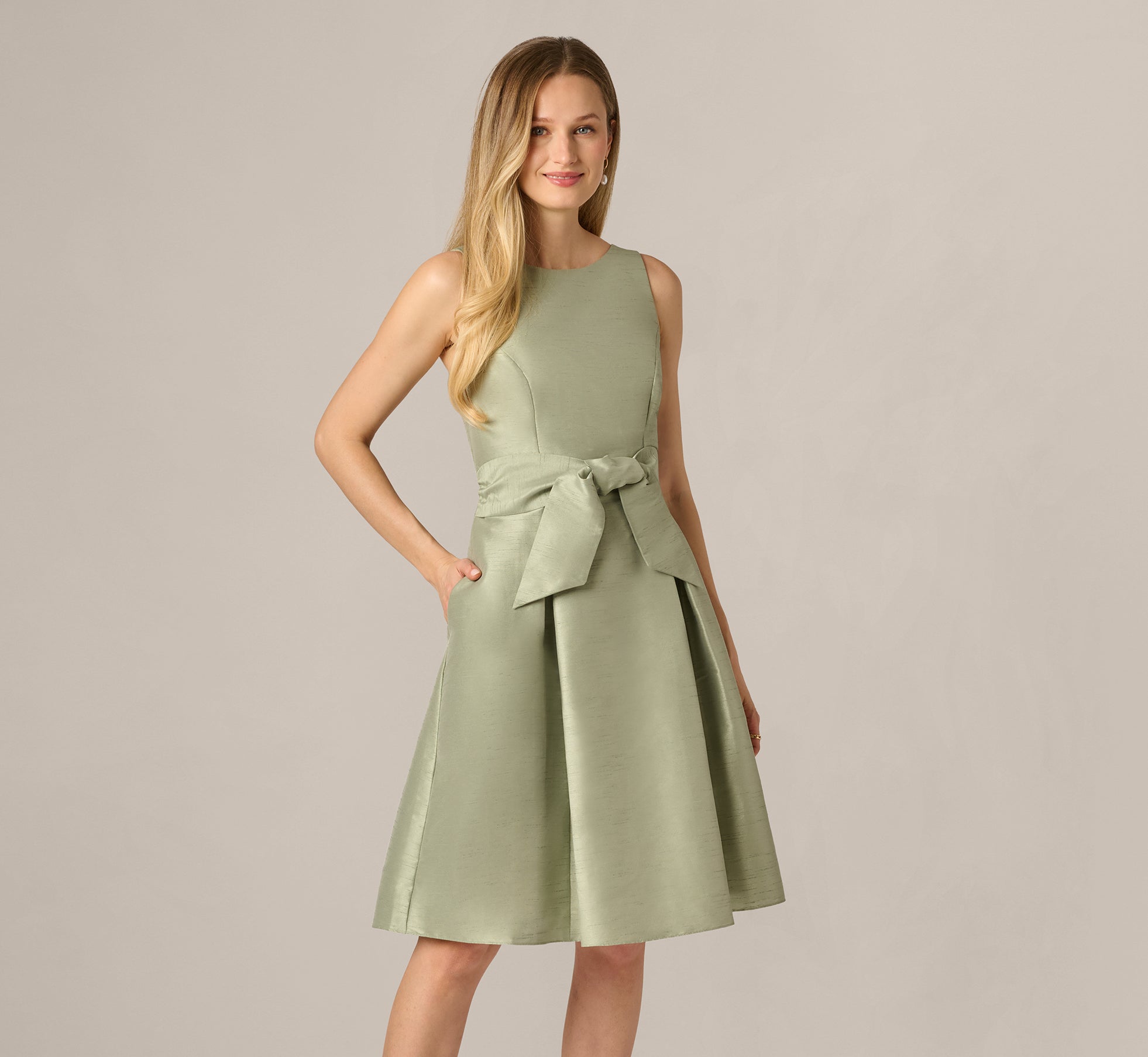green emerald velvet dress Dupioni Tie Front Fit And Flare Dress In Sage