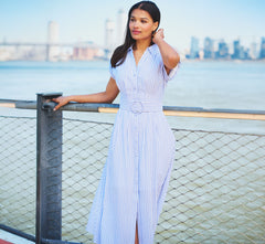 Cap Sleeve Belted Emma Midi Dress In Blue Ivory, Blue/Ivory / Regular / 6 Cap Sleeve Belted Emma Midi Dress In Blue Ivory, Blue/Ivory / Regular / 6