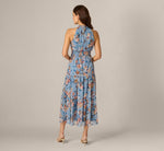 Floral Meta Chiffon Tiered Halter Midi Dress In Blue Multi 5