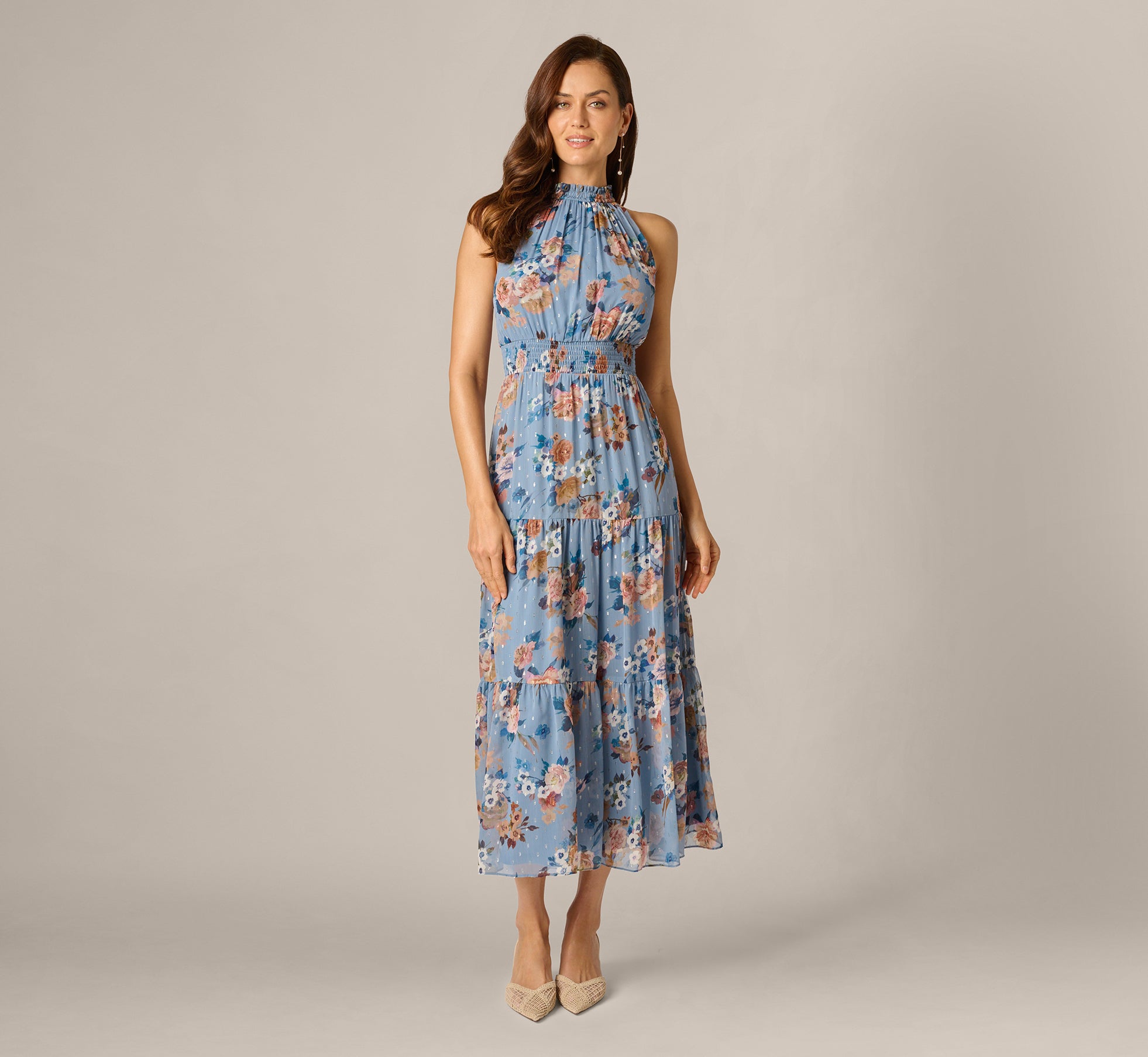 Floral Meta Chiffon Tiered Halter Midi Dress In Blue Multi, Blue Multi / Regular / M