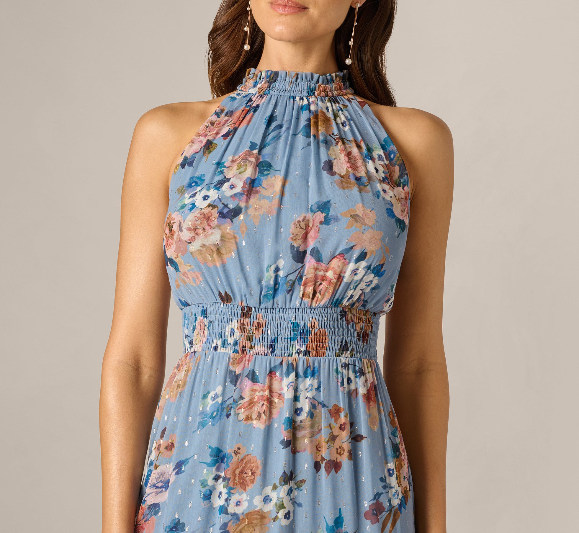 Blue Multi Floral Meta Chiffon Tiered Halter Midi Dress