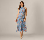 Floral Meta Chiffon Tiered Halter Midi Dress In Blue Multi 1