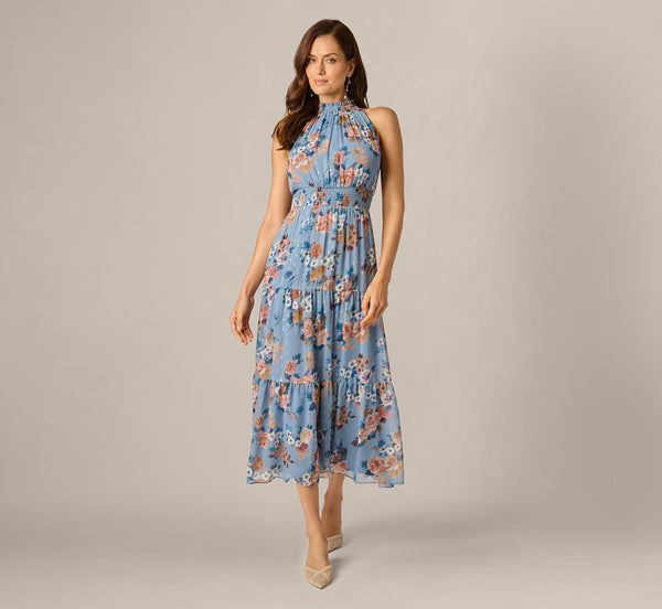 Floral Meta Chiffon Tiered Halter Midi Dress In Blue Multi, Blue Multi / Regular / M
