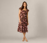 Flutter Sleeve Floral Metallic Chiffon Midi Dress In Brown Multi 2