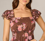 Flutter Sleeve Floral Metallic Chiffon Midi Dress In Brown Multi 3