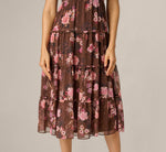 Flutter Sleeve Floral Metallic Chiffon Midi Dress In Brown Multi 4