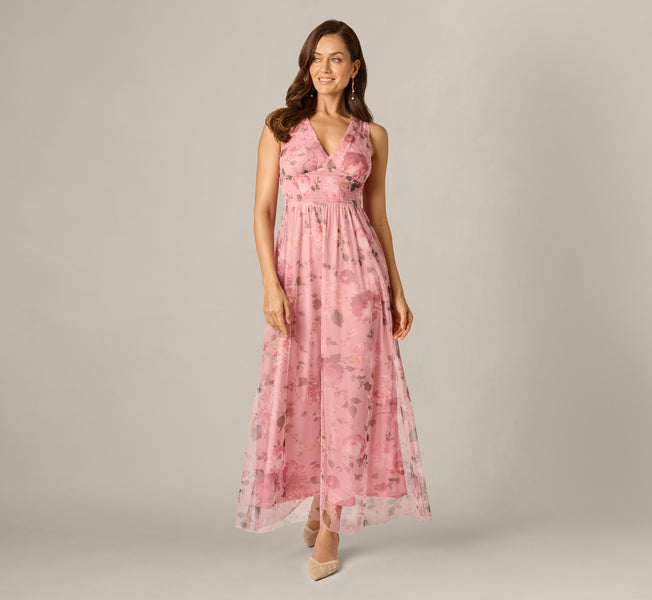 floral shirred mesh dress socialite Floral Print Mesh Smocked Maxi Dress In Blush Multi, Blush Multi / Regular / XL